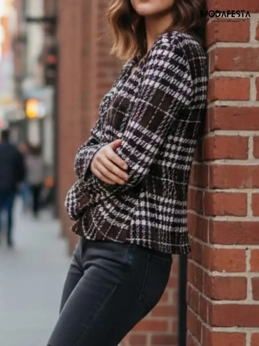 ModaFesta -elegant-brown-checked-collared-top