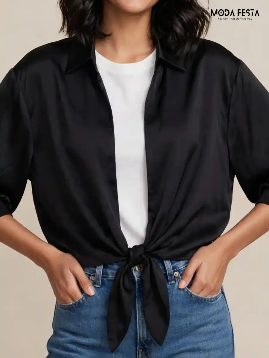 ModaFesta -solid-tie-front-shirt