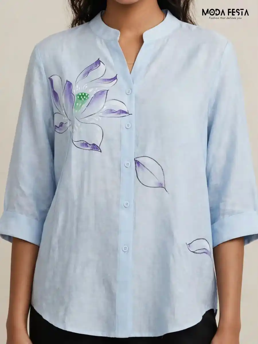Light Blue Hand-Painted Floral Casual Shirt