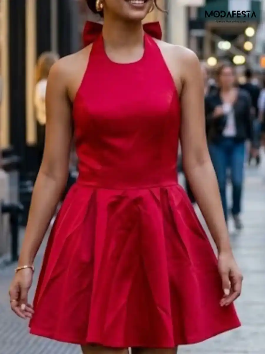 ModaFesta -elegant-halter-neck-flair-dress-with-back-bow-red