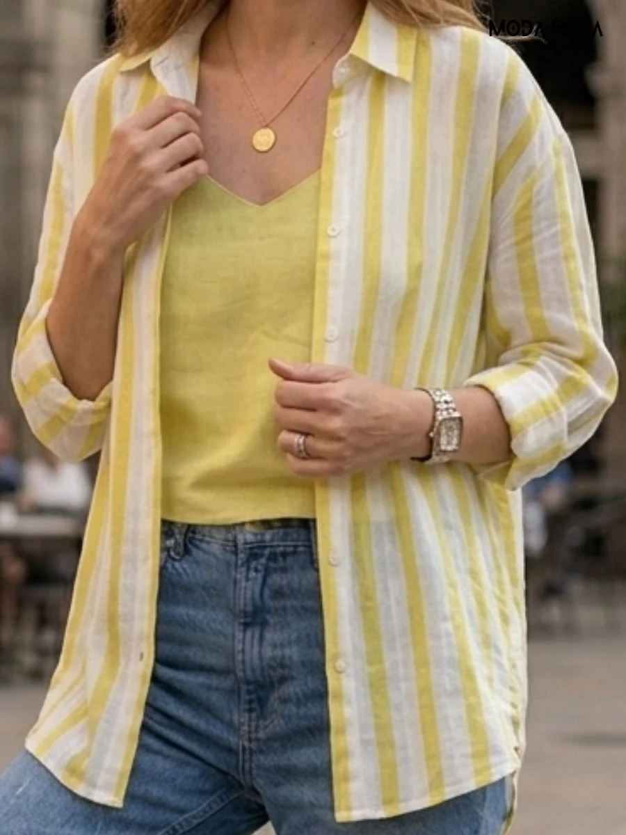 features a striped oversized button-down shirt and a matching sleeveless camisole top
