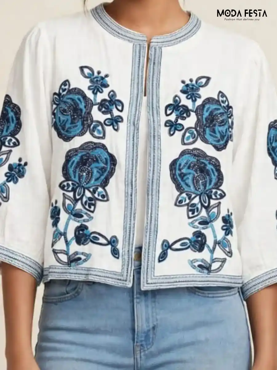 White and Blue Floral Embroidered Open-Front Crop Top