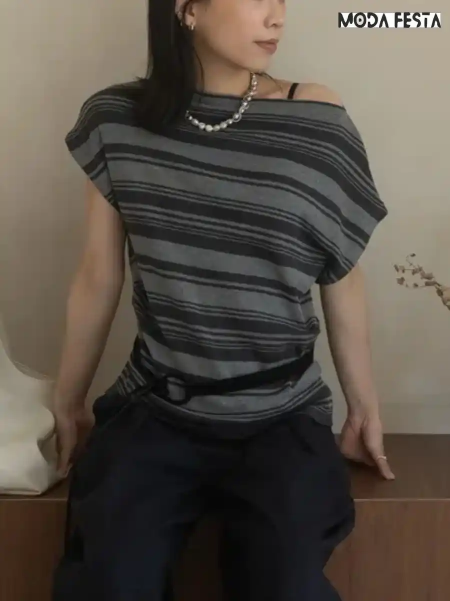ModaFesta -elegant-grey-striped-knit-top-with-belt