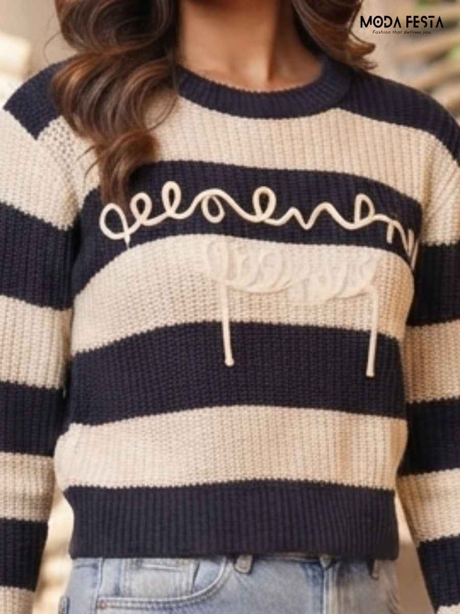 ModaFesta -navy-off-white-striped-crew-neck-knitted-top