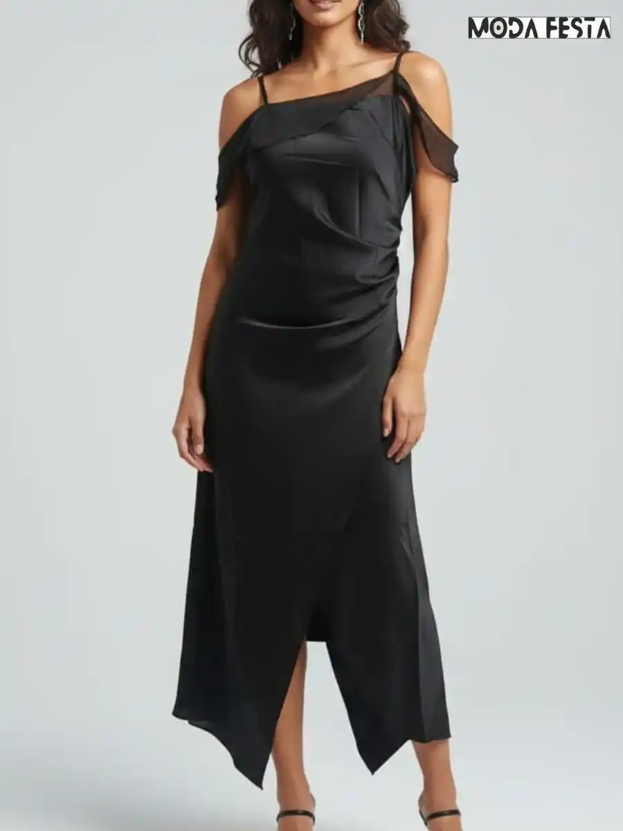 ModaFesta -elegant-satin-dress-with-small-chiffon-sleeve-black