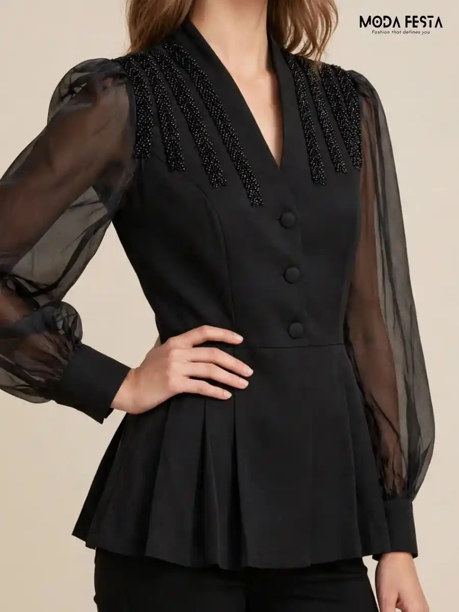 ModaFesta -black-beaded-mandarin-v-neck-organza-sleeve-peplum-top