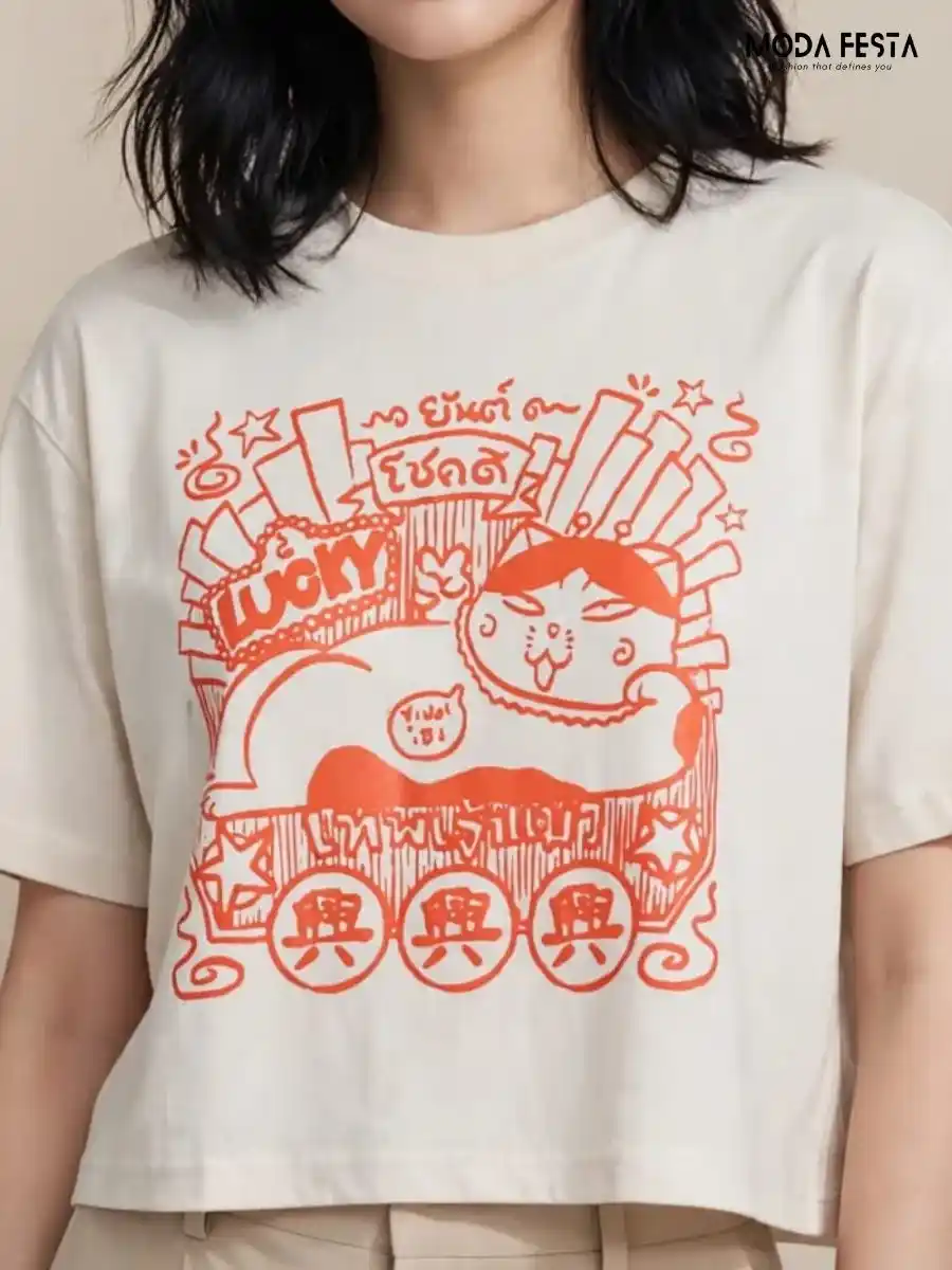 ModaFesta -orange-lucky-cat-graphic-print-crop-t-shirt