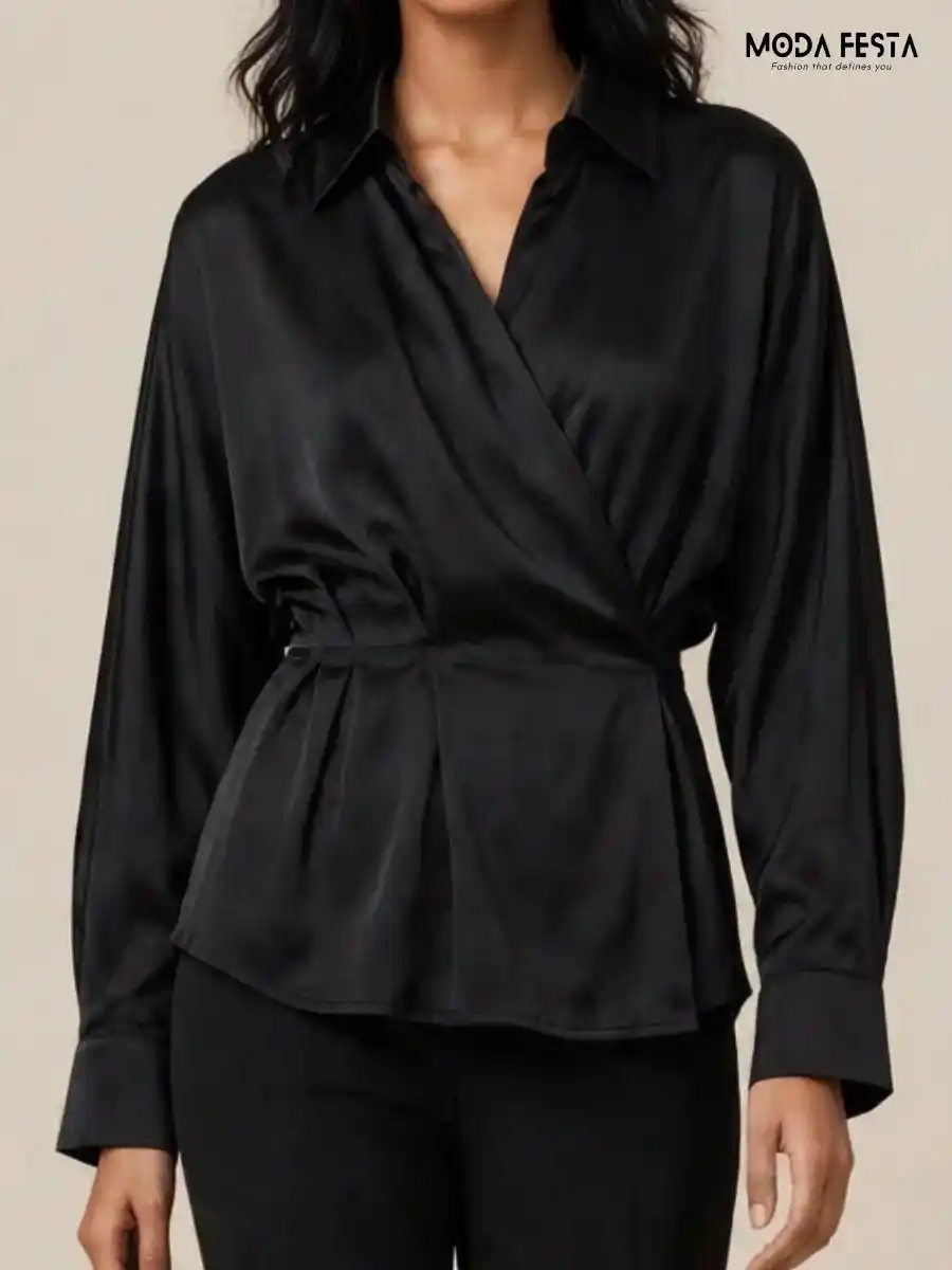 ModaFesta -black-satin-wrap-style-collared-long-sleeve-top