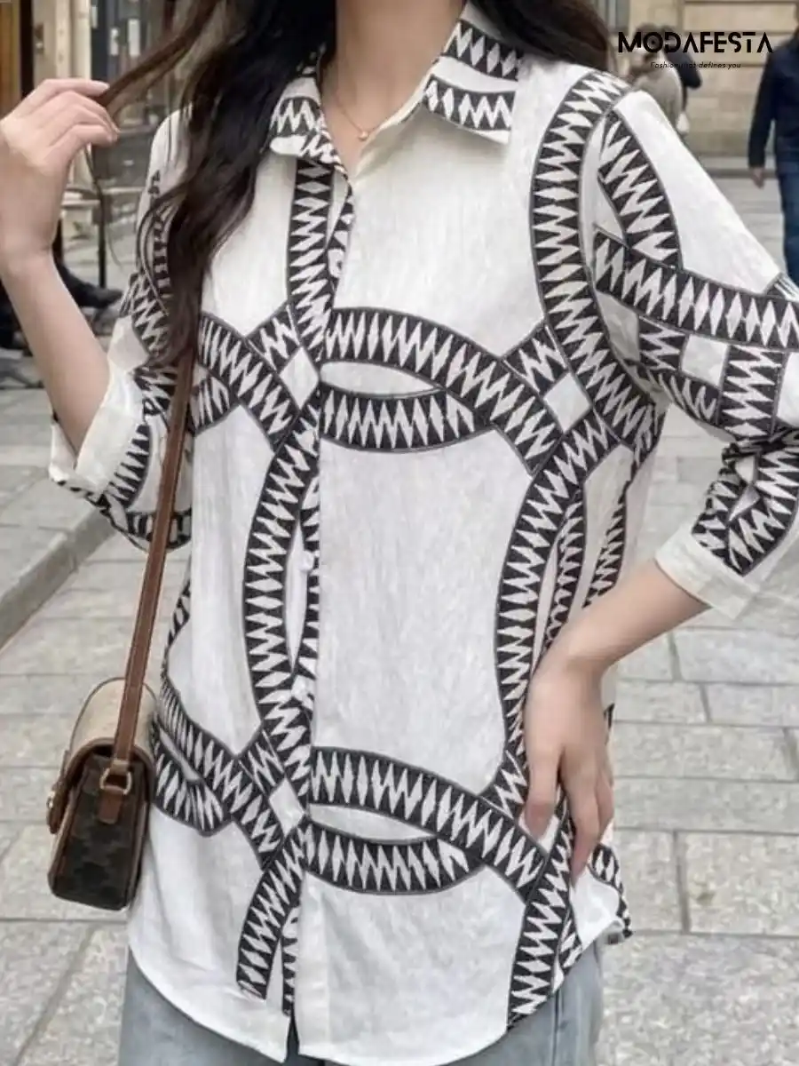 ModaFesta -black-geometric-print-embroidered-cotton-shirt-white