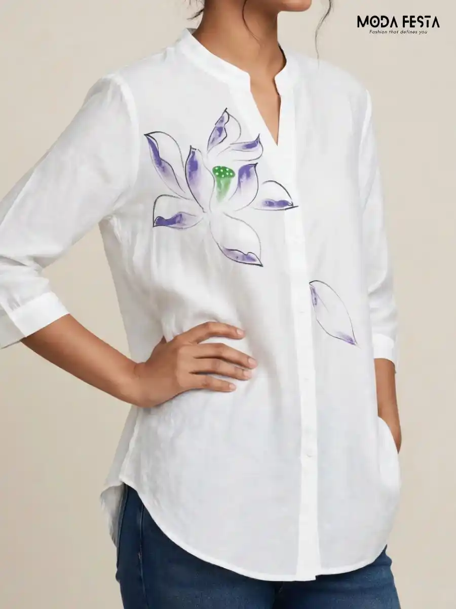 ModaFesta -white-hand-painted-floral-casual-shirt