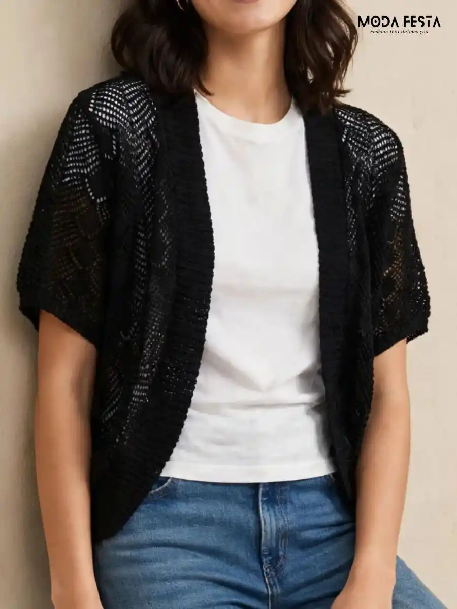 Solid Black Open-Front Knit Shrug