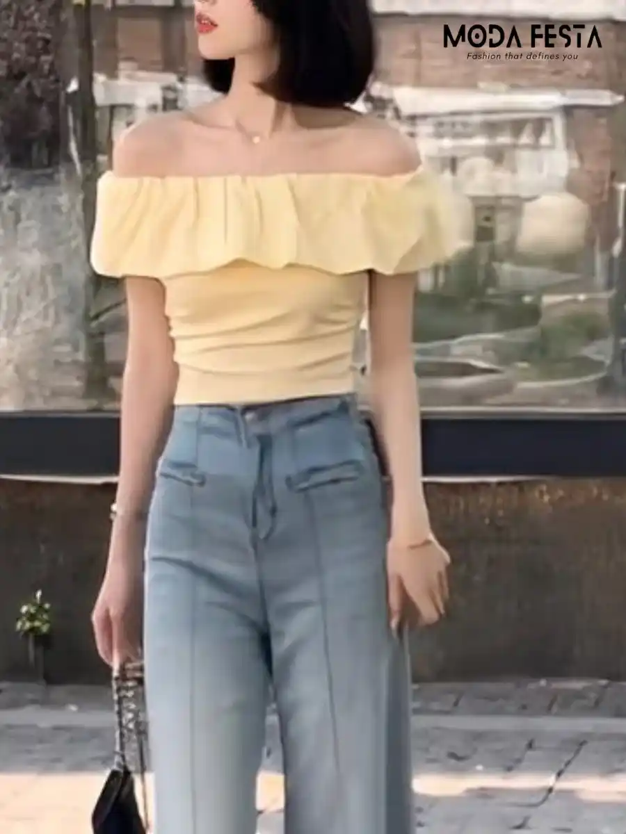 ModaFesta -elegant-off-shoulder-ruffle-top-yellow