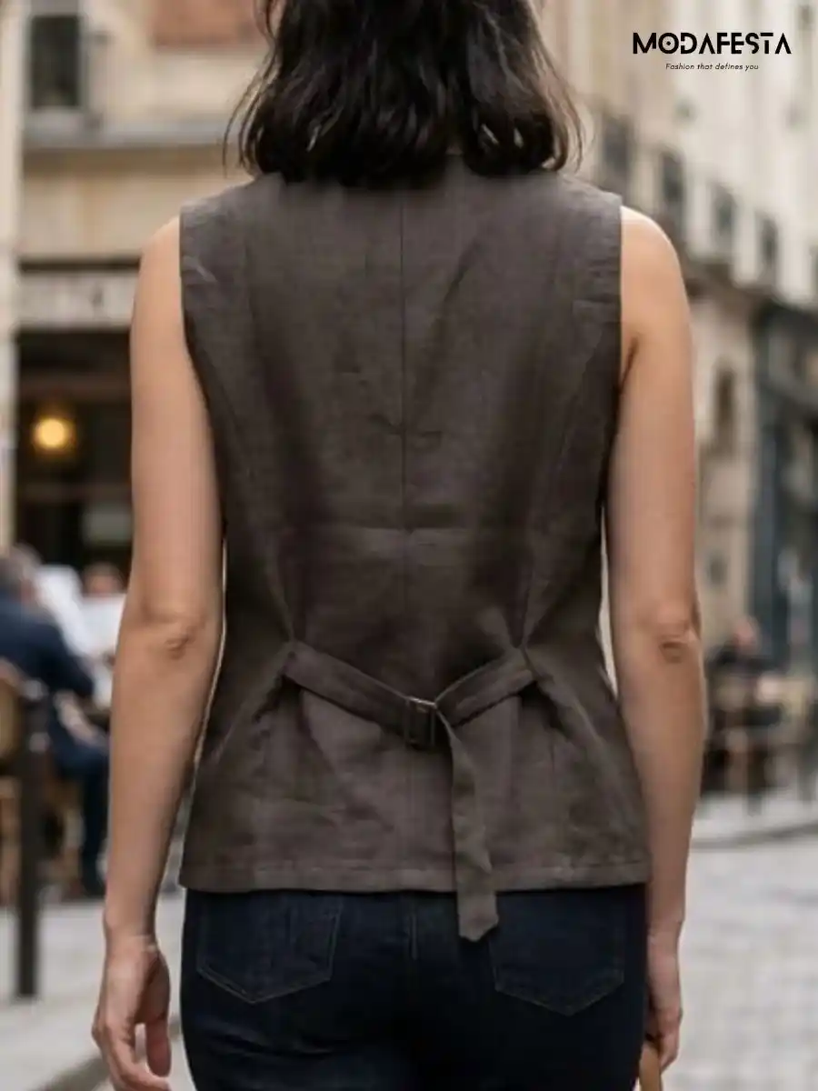 ModaFesta -elegant-linen-waistcoat-back-belt-style-brown