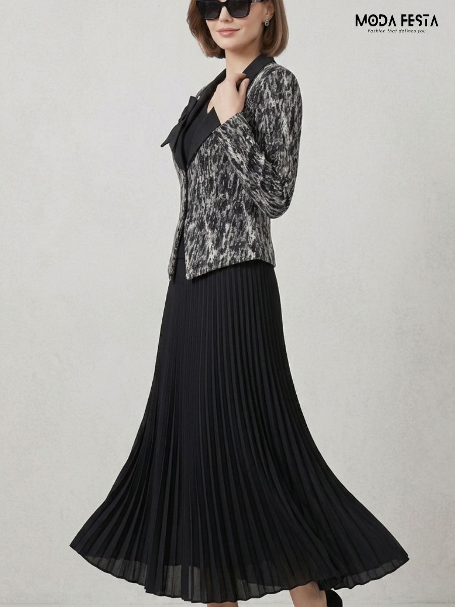 ModaFesta -vivienne-bow-detai-textured-blazer-pleated-midi-dress-set