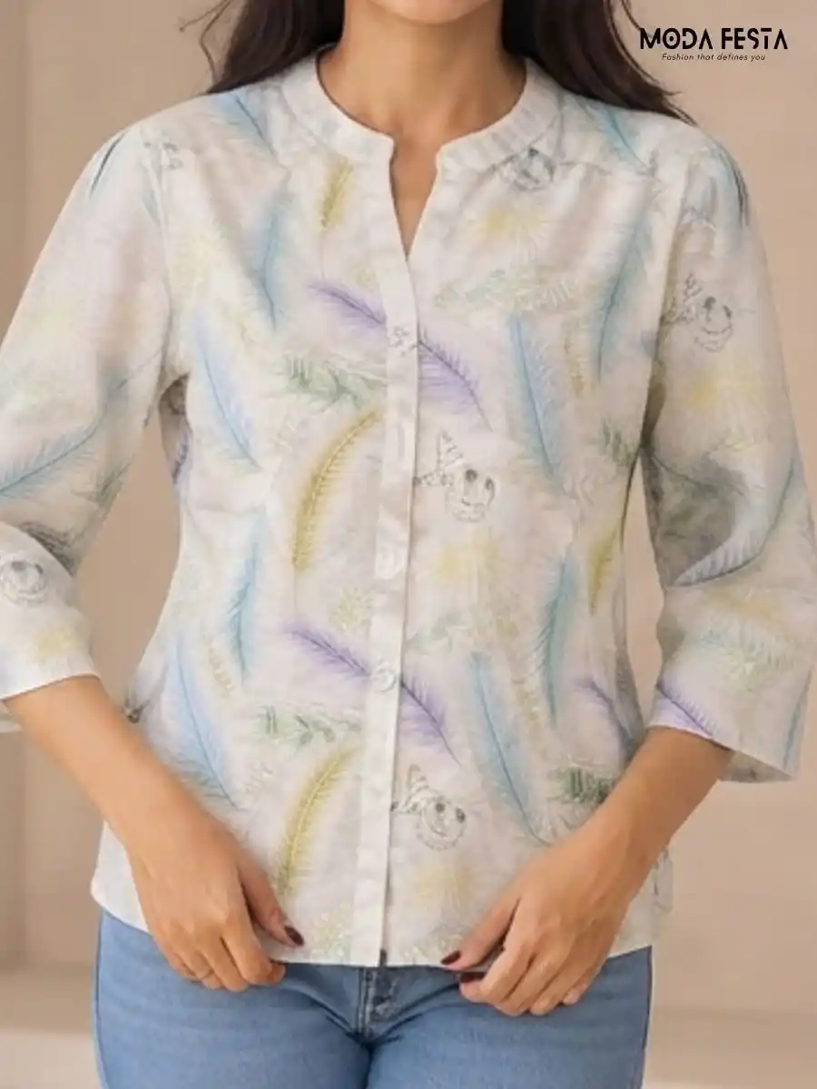 ModaFesta -feather-print-mandarin-collar-top