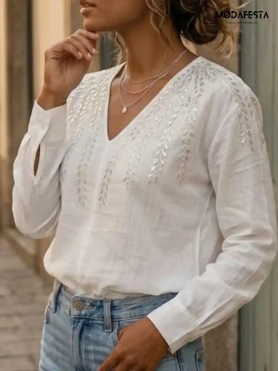 ModaFesta -elegant-embellished-v-neck-top-beige