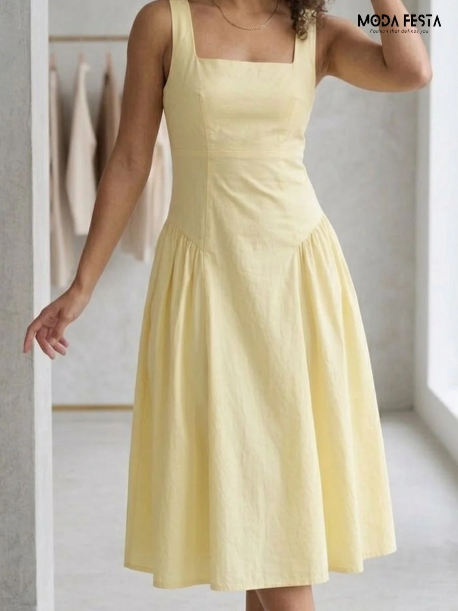 drop-waist midi dress with a square neckline