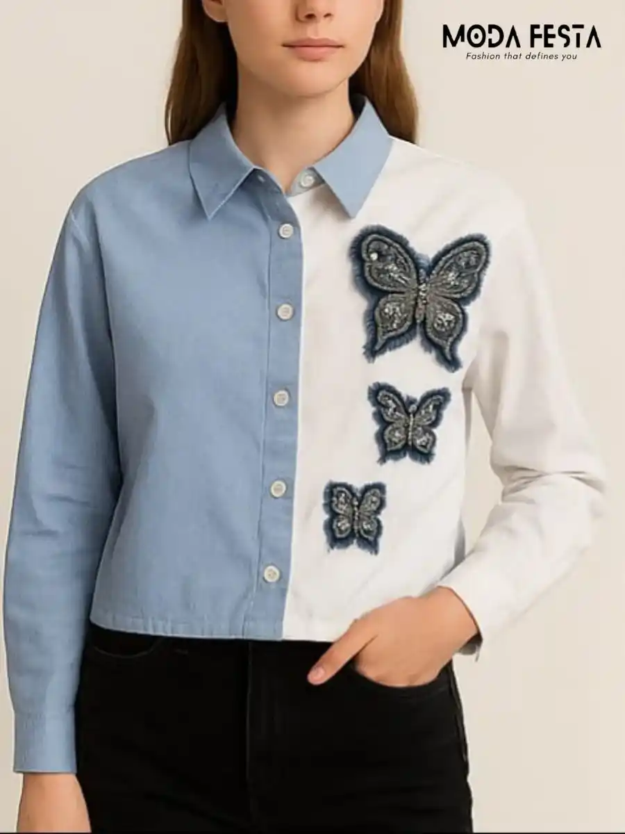 ModaFesta -elegant-butterfly-style-blue-white-shirt