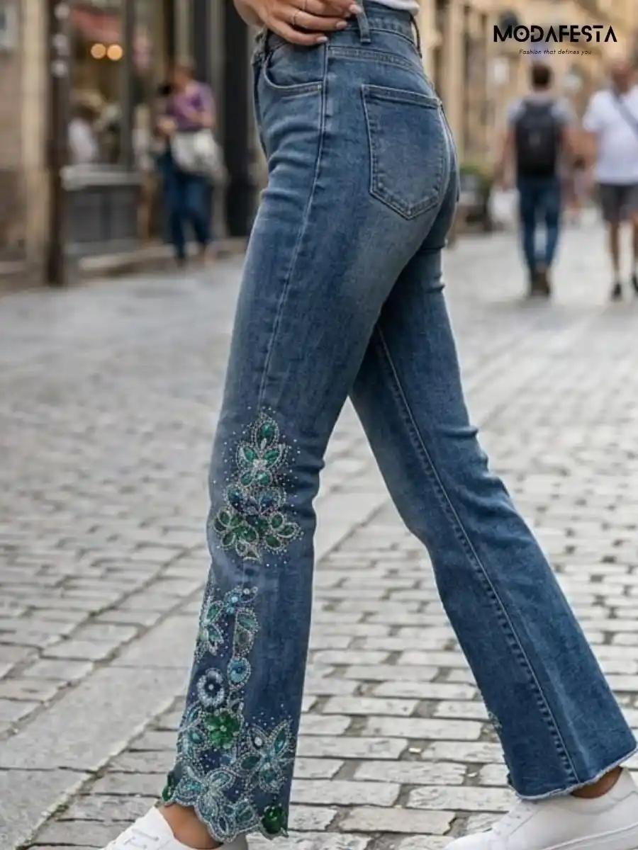 ModaFesta -trendy-sequenced-floral-cutwork-boot-cut-jeans-blue