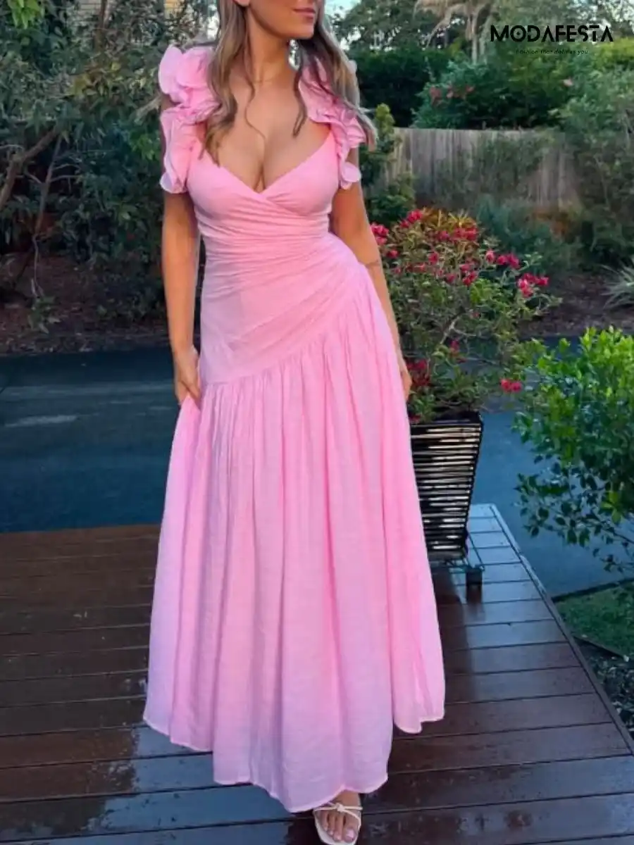 ModaFesta -elegant-ruffled-shoulder-ruched-midi-dress-pink