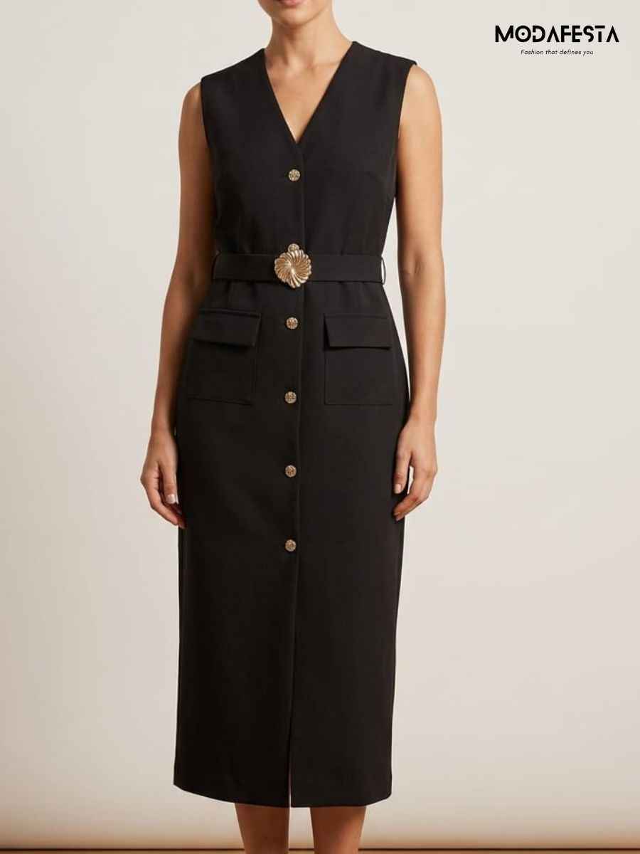 Elegant V Neck Summer Dress With Belt