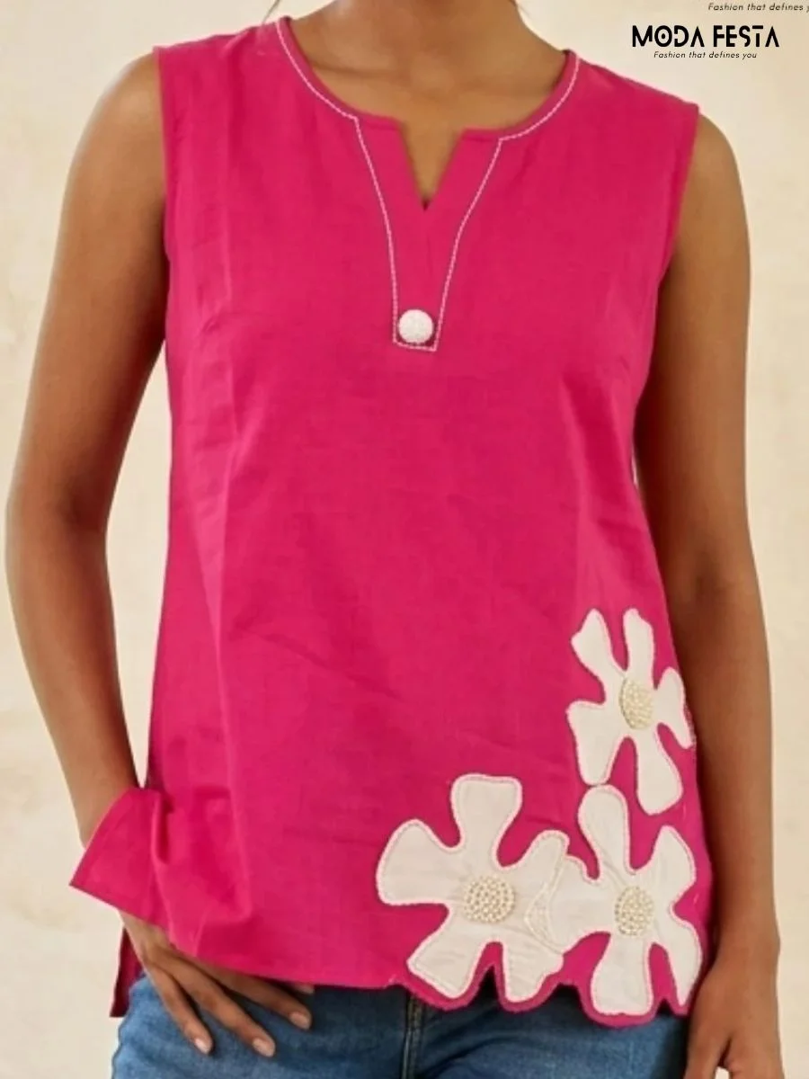 Pink Sleeveless Top with Floral Applique