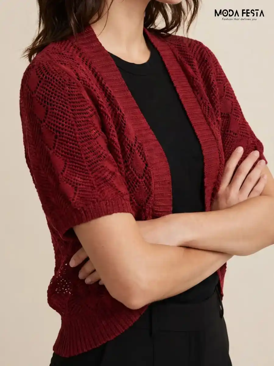ModaFesta -maroon-open-front-crochet-shrug