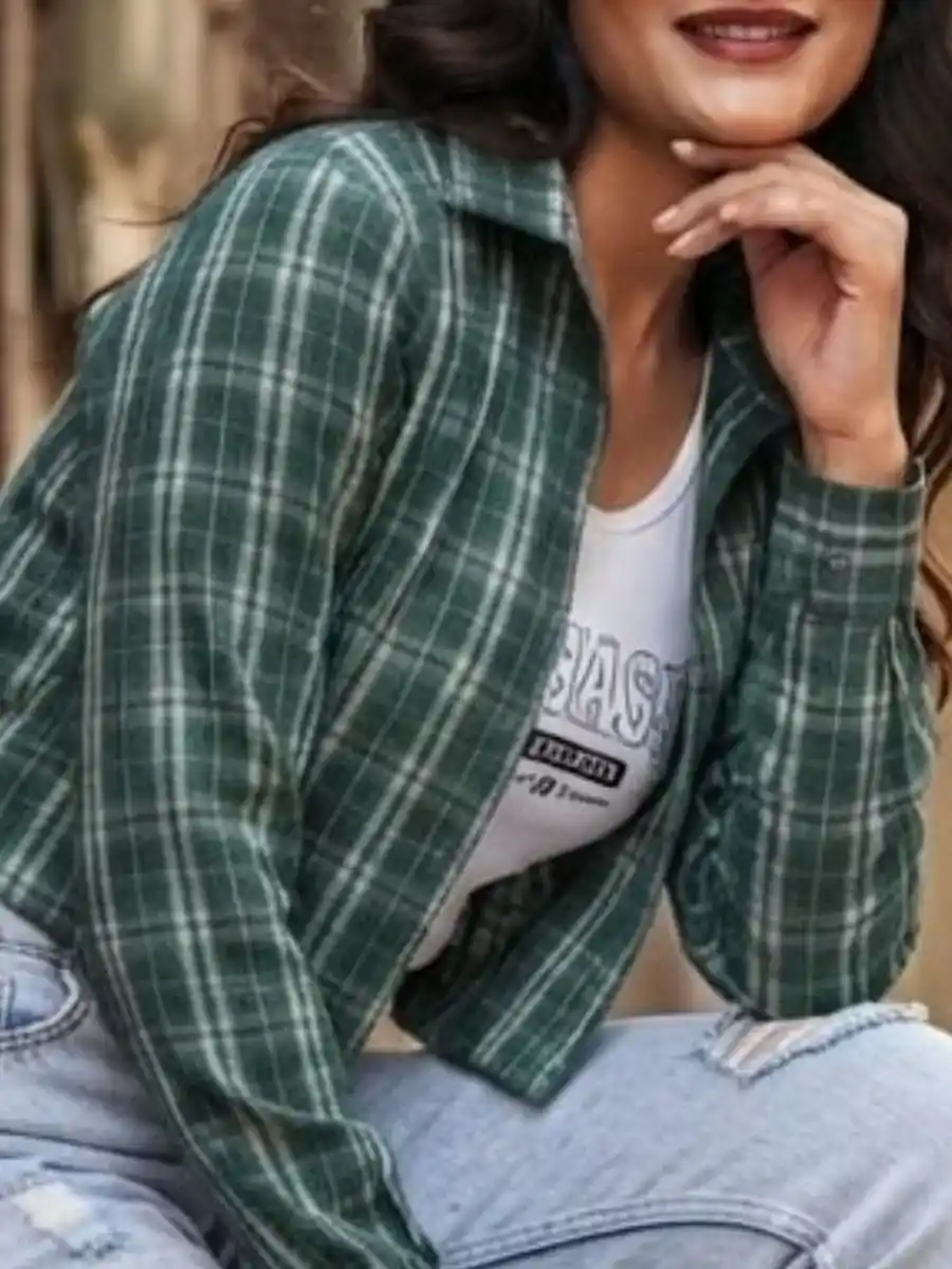ModaFesta -green-plaid-casual-crop-shirt-for-women