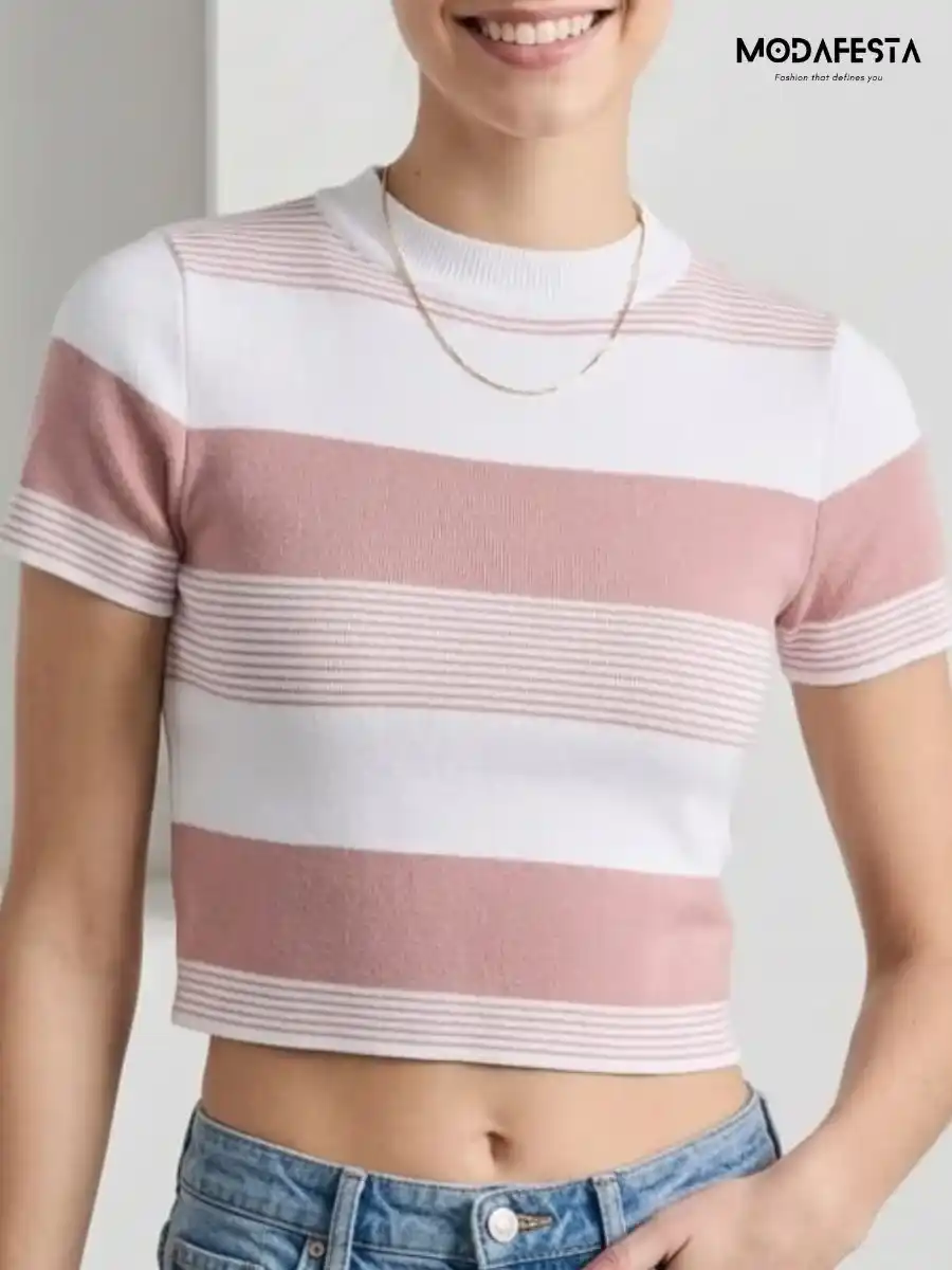 ModaFesta -elegant-pink-and-white-striped-crop-t-shirt