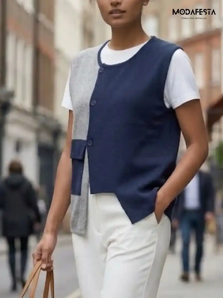 ModaFesta -elegant-knit-vest-two-tone-design-top-navy-blue