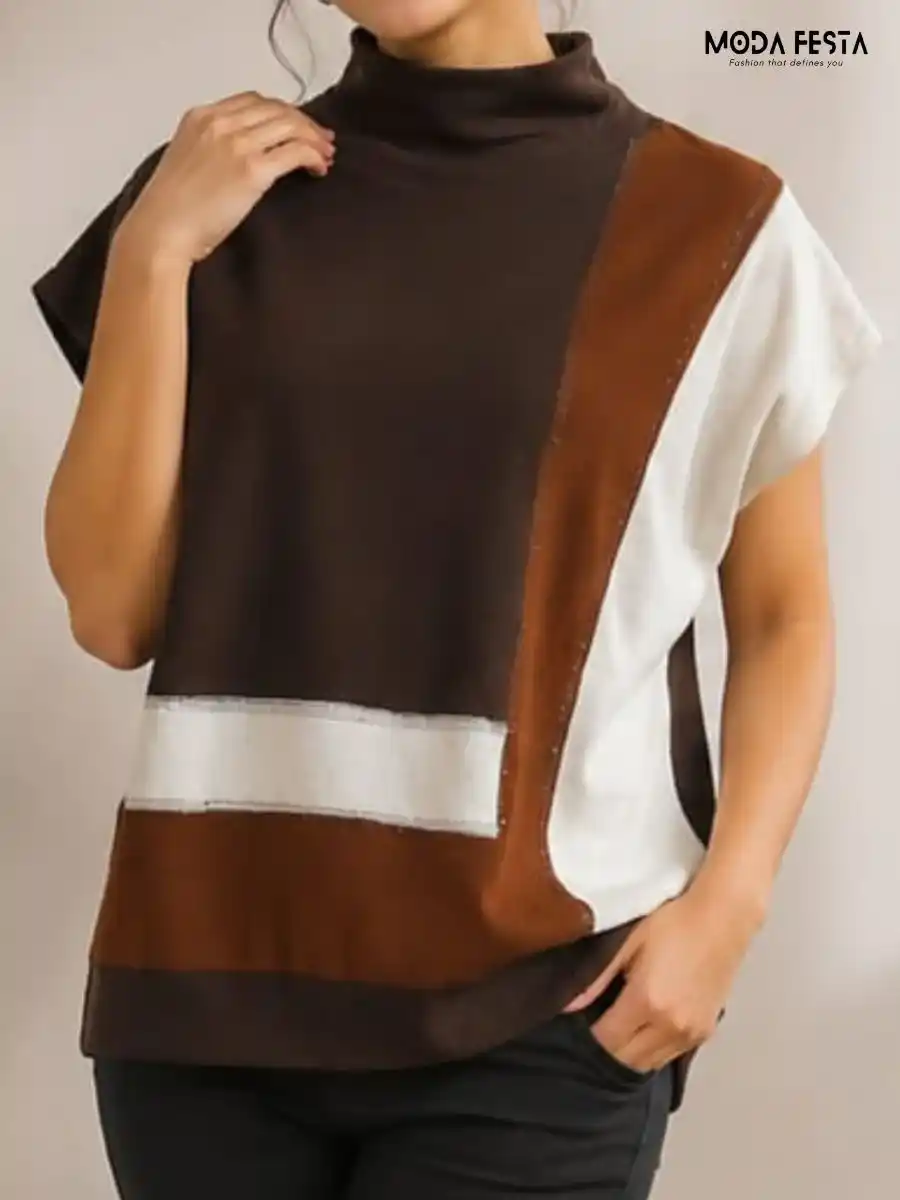 Color-Block Mock Neck Cap Sleeve Top