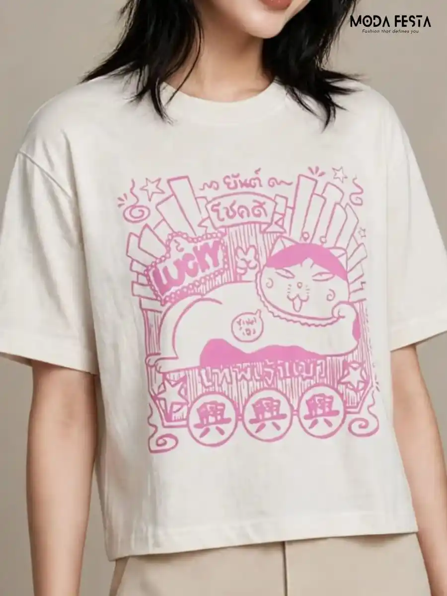 ModaFesta -pink-lucky-cat-graphic-print-crop-t-shirt