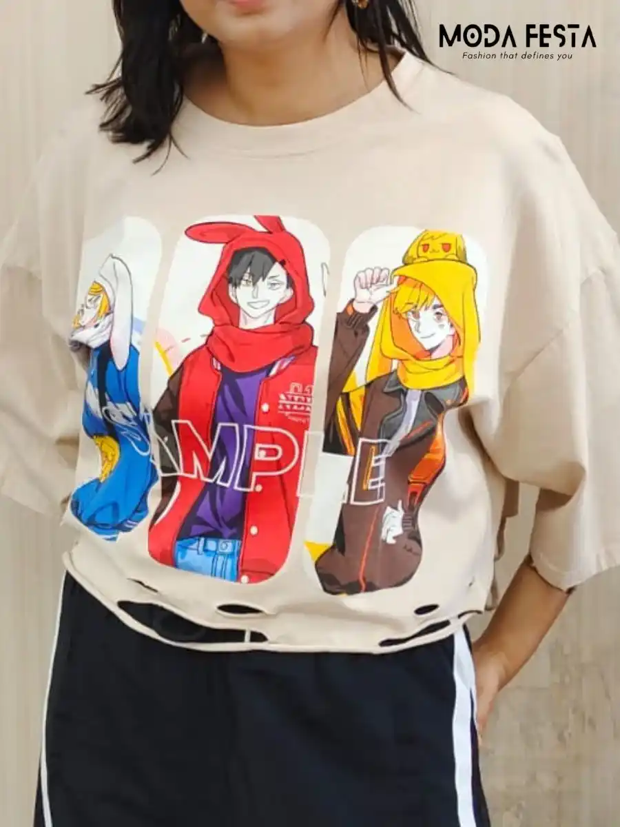 ModaFesta -crop-anime-printed-tee-for-women-beige