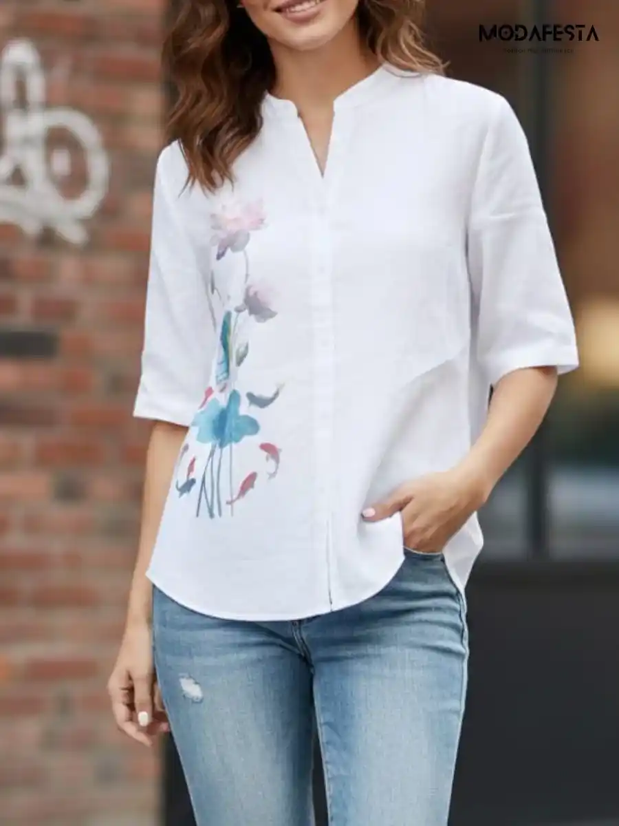 ModaFesta -elegant-floral-graphic-print-v-neck-shirt-2-white