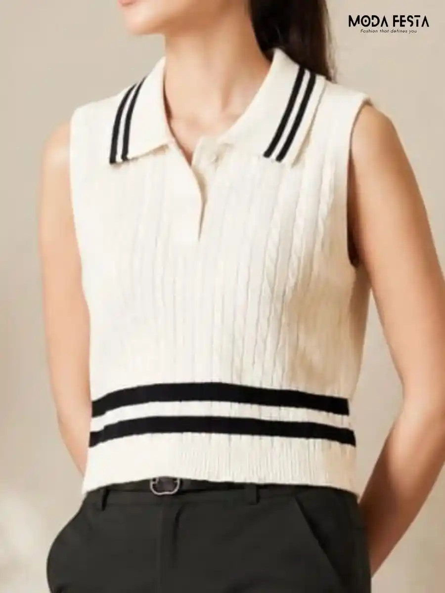 ModaFesta -cream-black-striped-cable-knit-sleeveless-polo-top