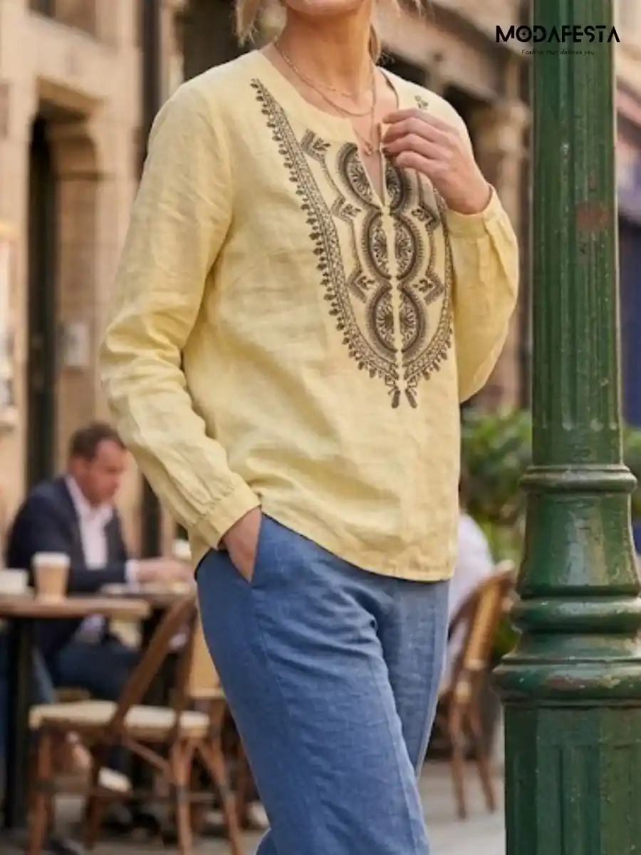 ModaFesta -artisan-embroidered-linen-top-yellow