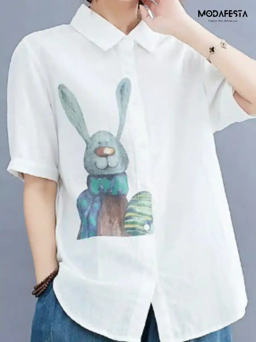 Elegant Rabbit Print Cotton Shirt