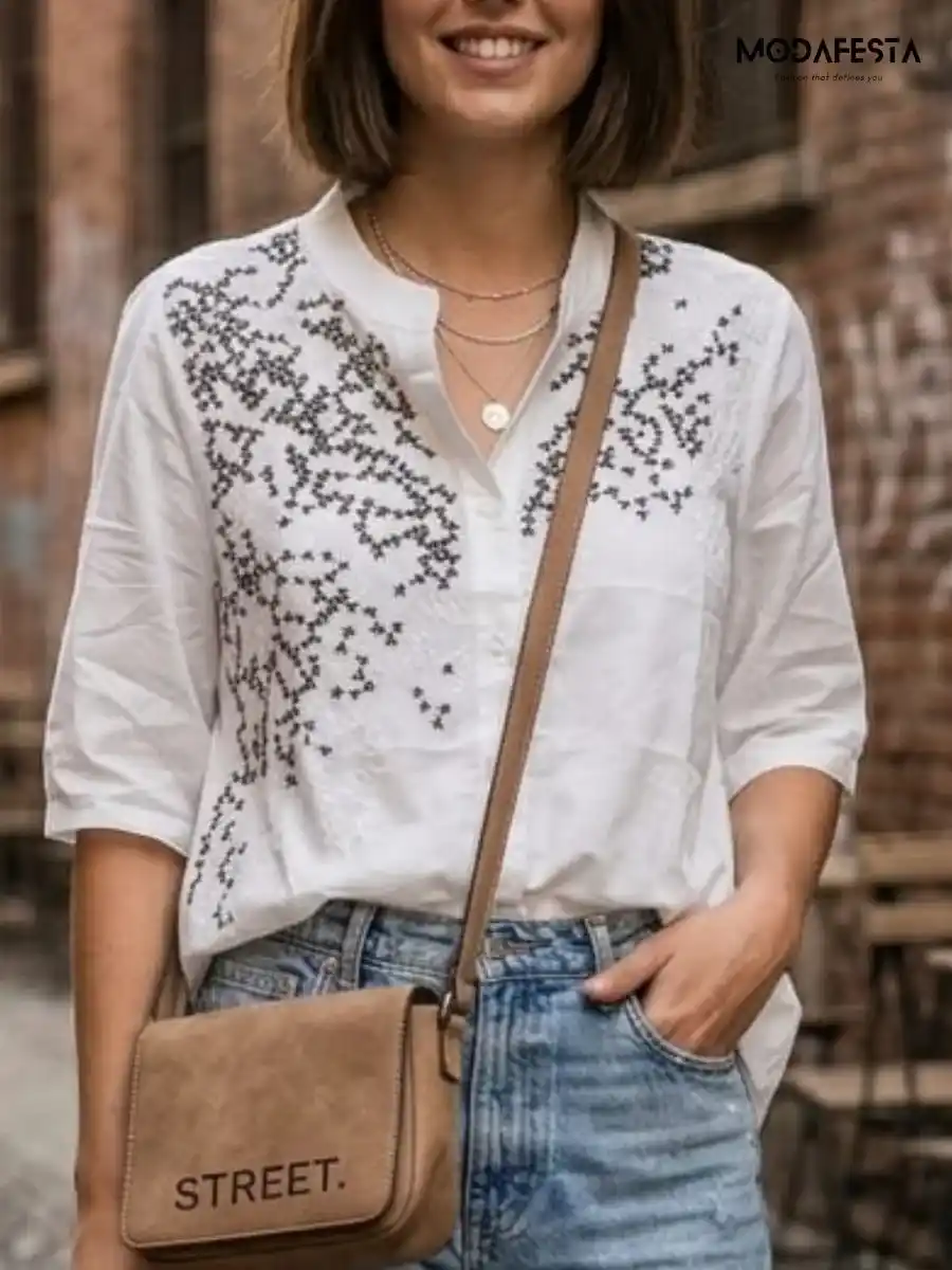 ModaFesta -elegant-style-floral-embroidered-v-neck-shirt-white