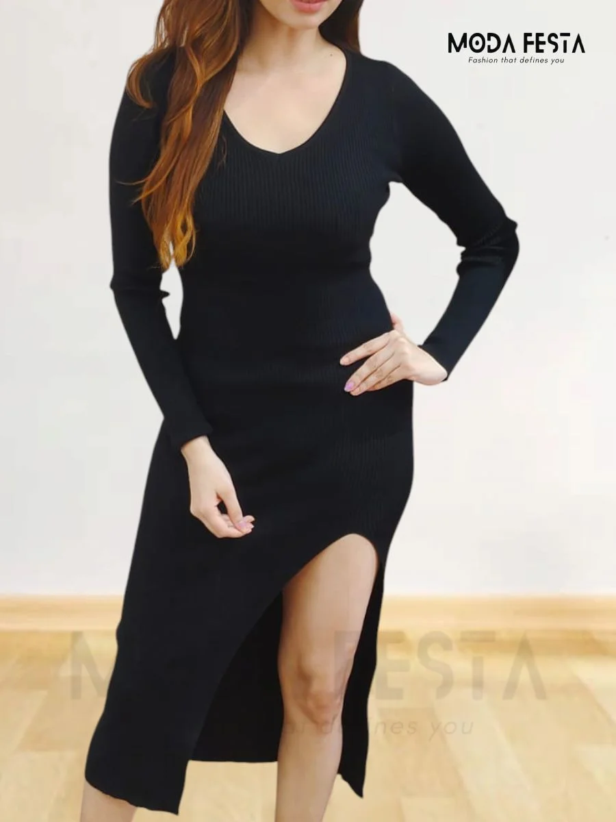 ModaFesta -style-v-neck-bodycon-dress-black
