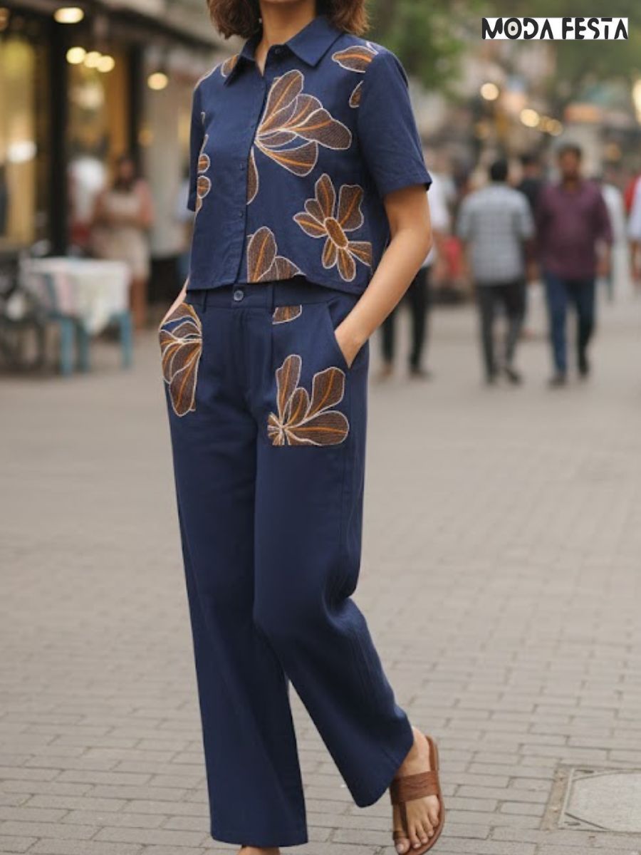 ModaFesta -elegant-floral-linen-coord-set-navy-blue