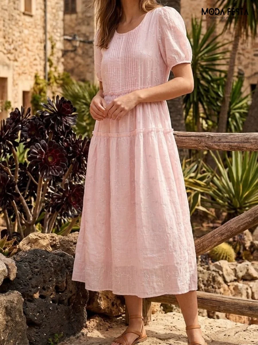 ModaFesta -pink-tiered-midi-dress-with-puff-sleeves
