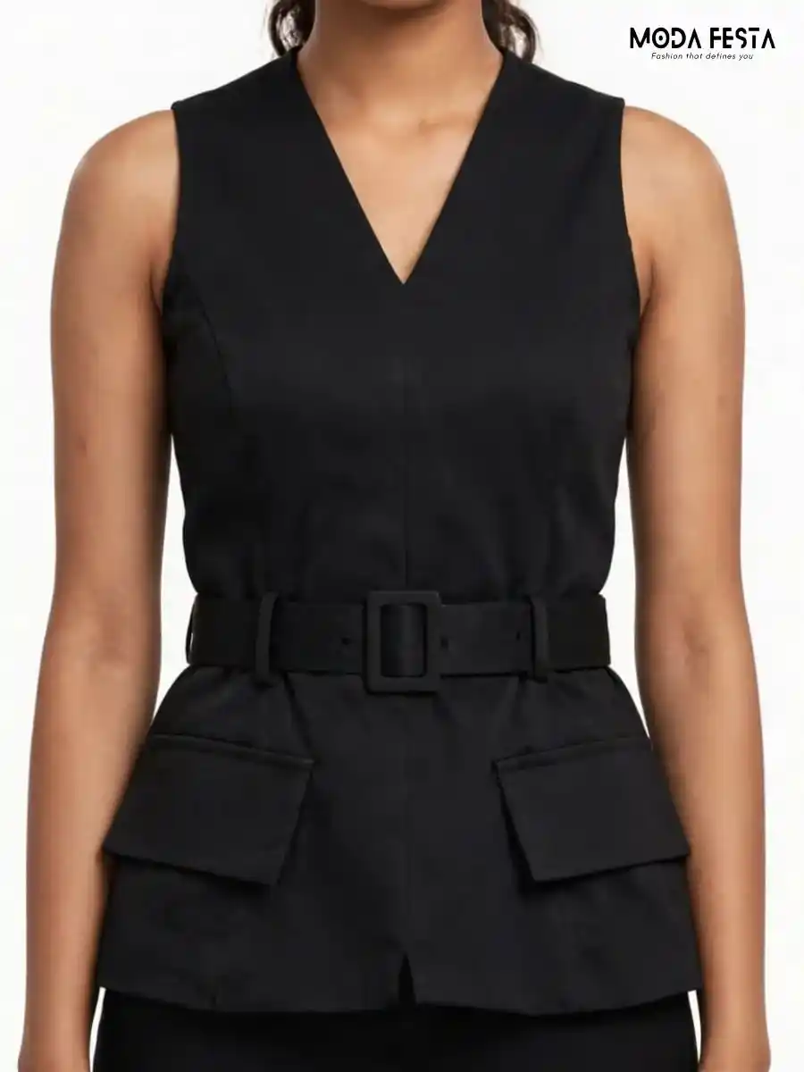 Elegant Black V-Neck Belted Peplum Top