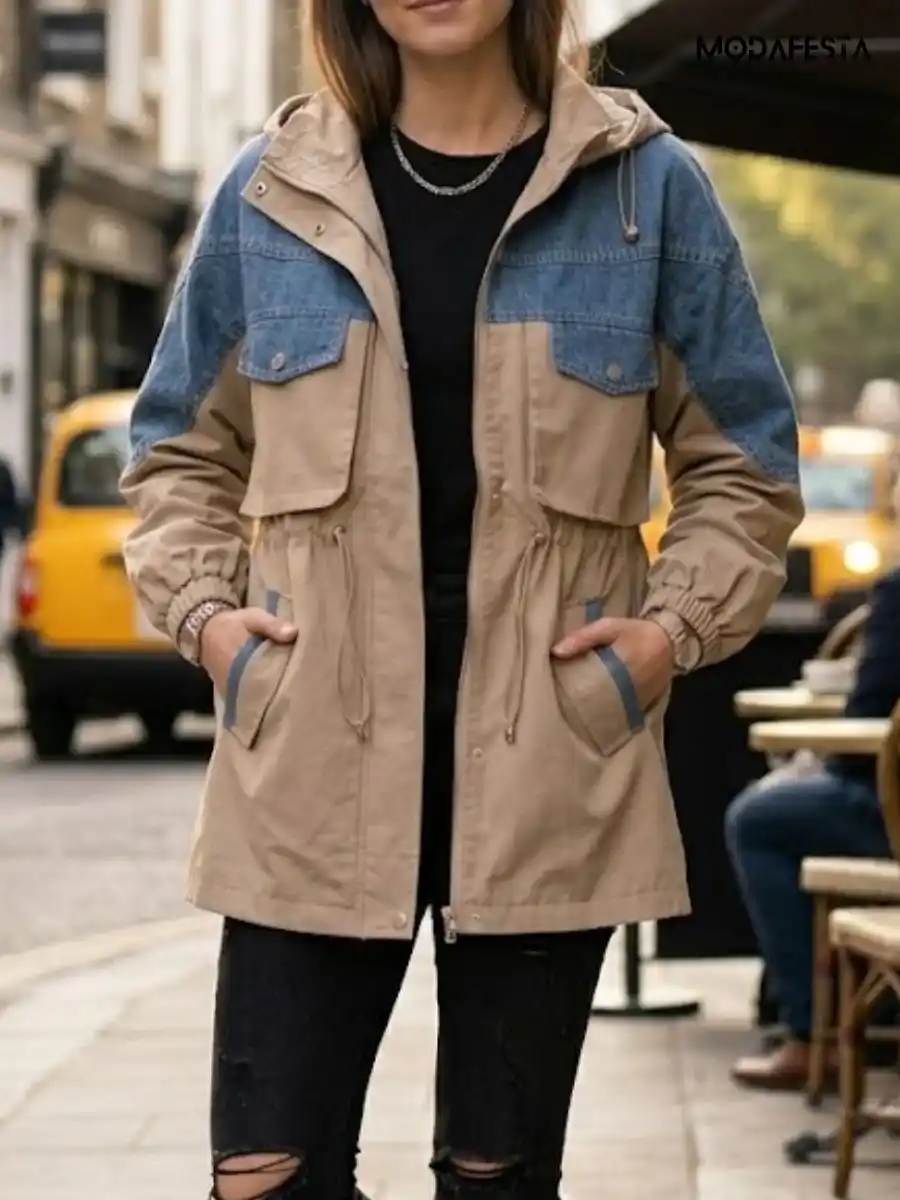 ModaFesta -elegant-denim-with-parachute-fabric-hoodie-jacket-beige