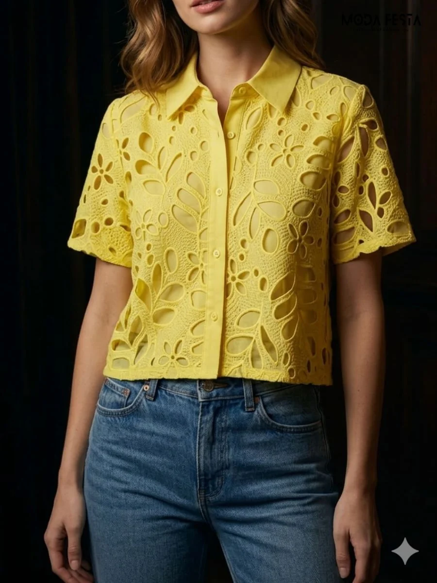 ModaFesta -bright-yellow-floral-eyelet-button-down-shirt