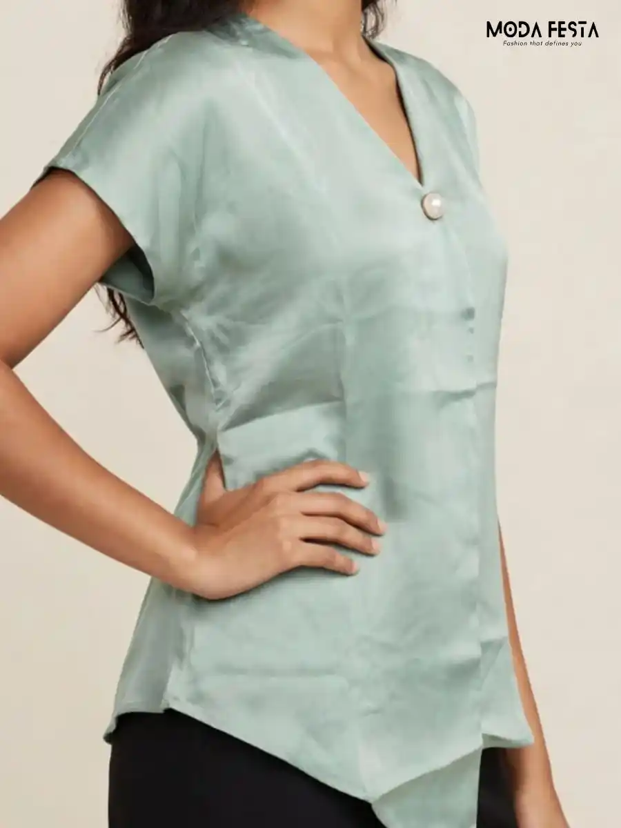 ModaFesta -sage-green-satin-v-neck-short-sleeve-asymmetric-top