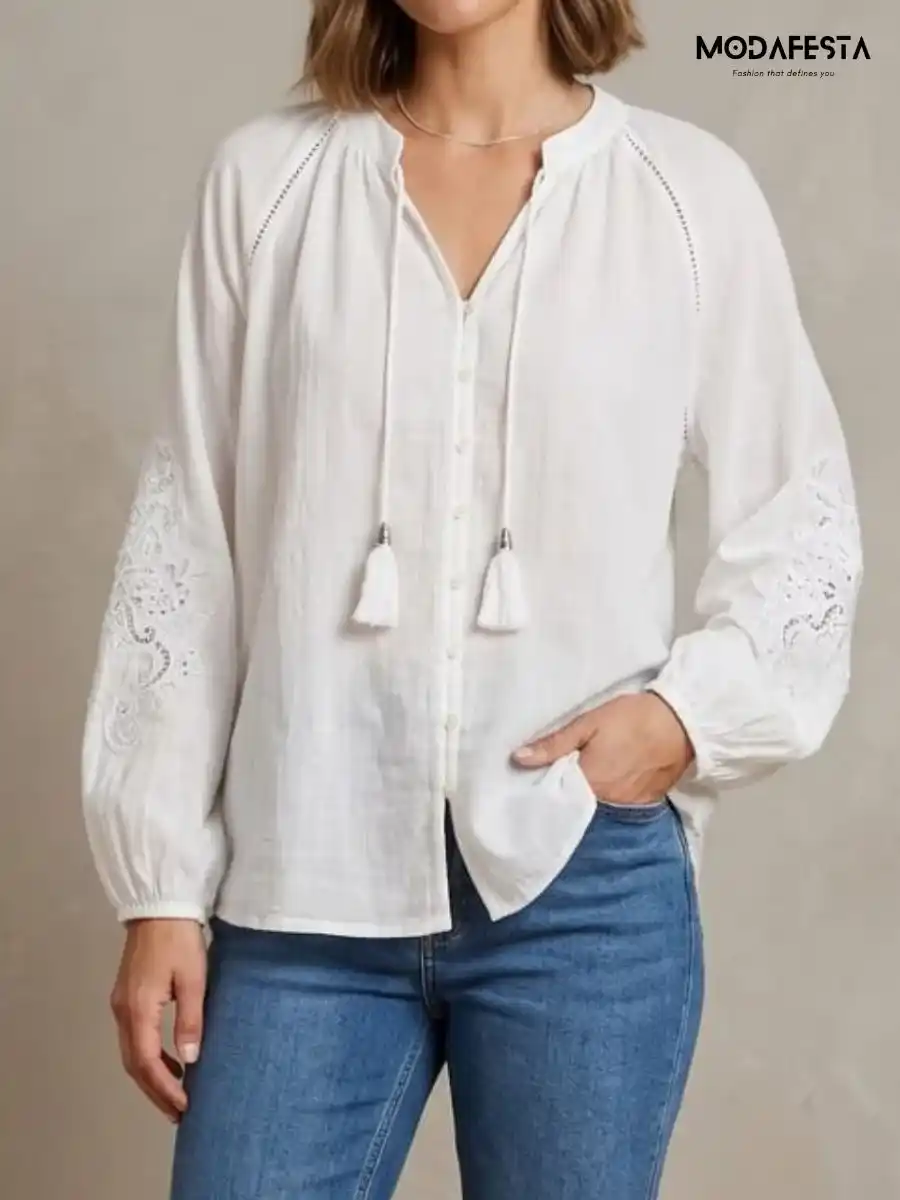 ModaFesta -elegant-v-neck-top-embroidered-work-on-sleeve-white