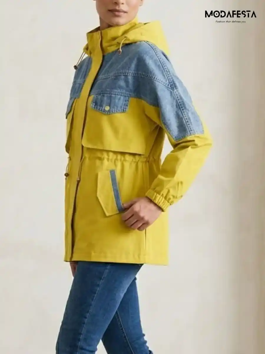 ModaFesta -elegant-denim-with-parachute-fabric-hoodie-jacket-neon-green