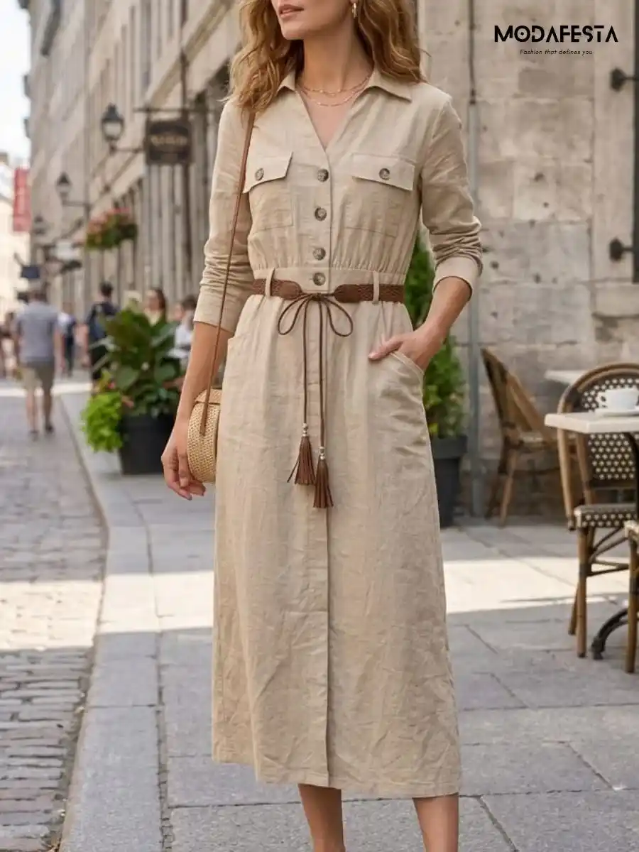 ModaFesta -elegant-linen-cotton-dress-with-belt-beige