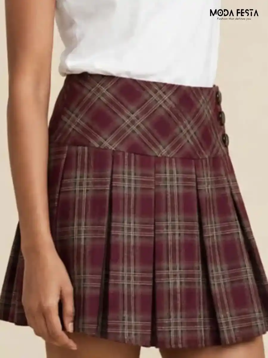 ModaFesta -maroon-plaid-pleated-mini-skirt
