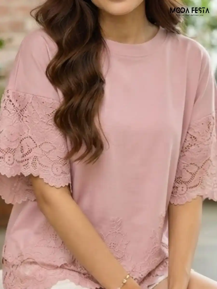 ModaFesta -pink-lace-trim-short-sleeve-top